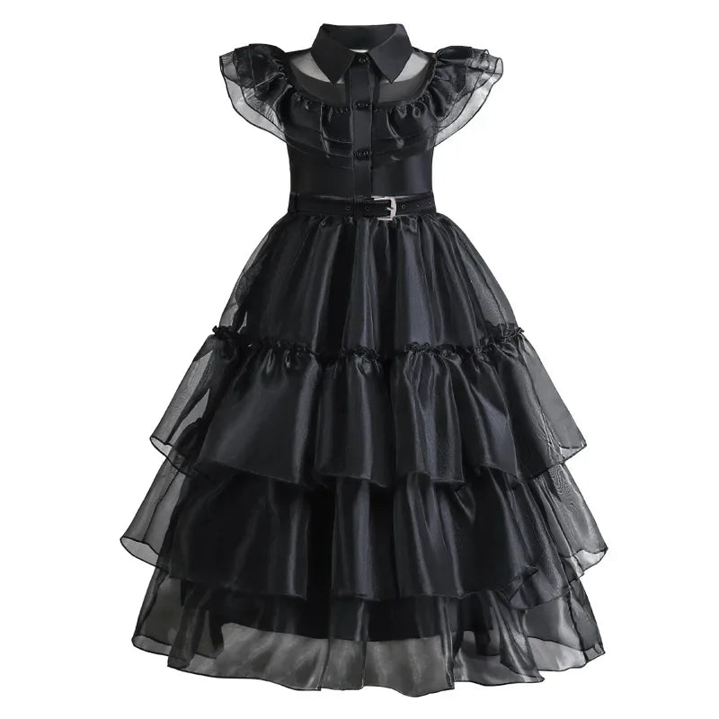 Enchanting Black Layered Princess Dress with Sheer Accents