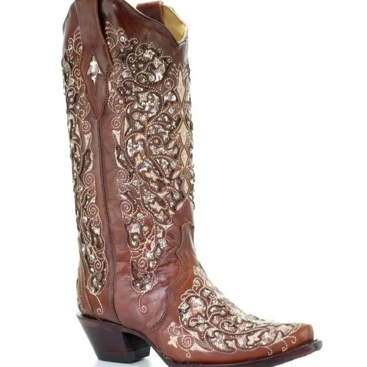Glimmering Vintage-Inspired Long Boots with Stylish Heel