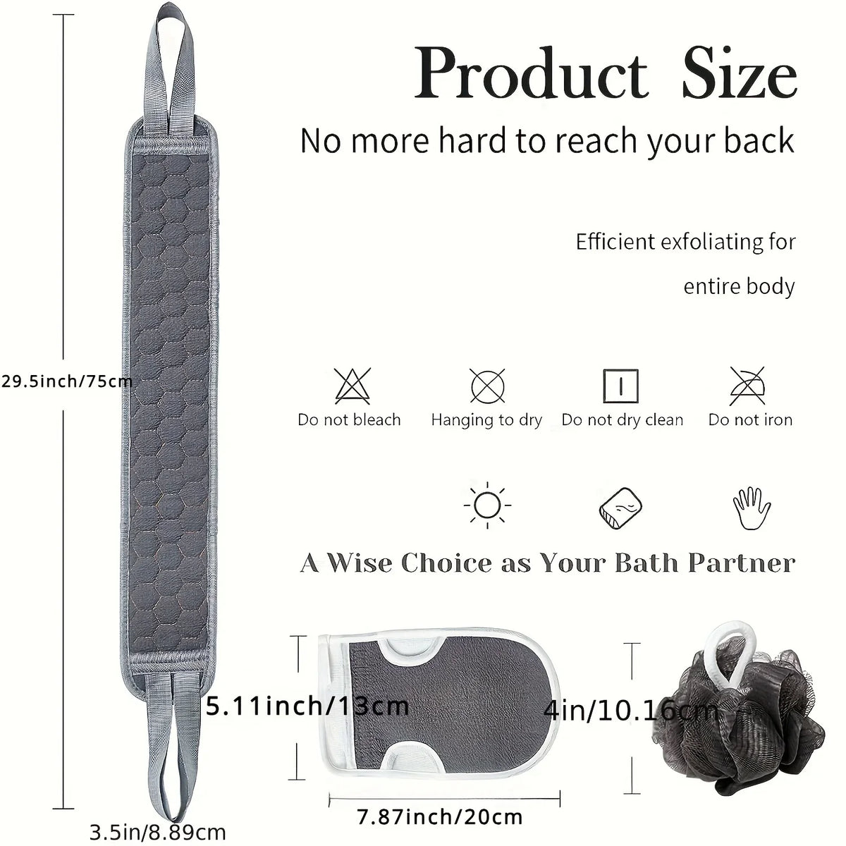 Exfoliating Shower Set – Body Scrubber with Back and Glove, 3 Pieces