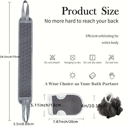Exfoliating Shower Set – Body Scrubber with Back and Glove, 3 Pieces
