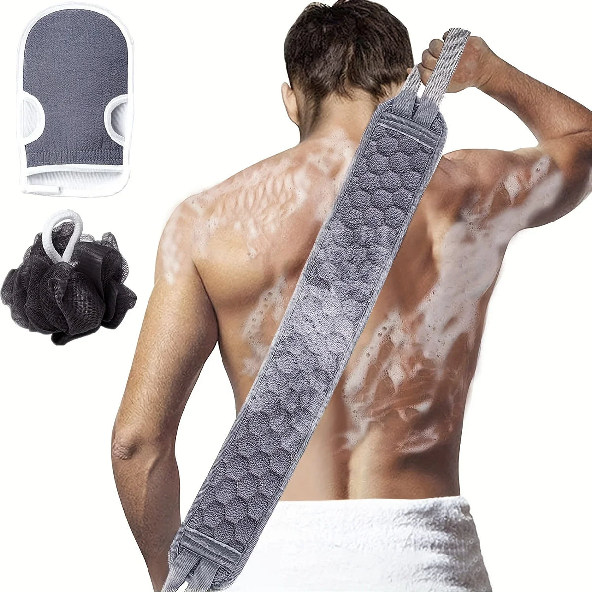 Exfoliating Shower Set – Body Scrubber with Back and Glove, 3 Pieces