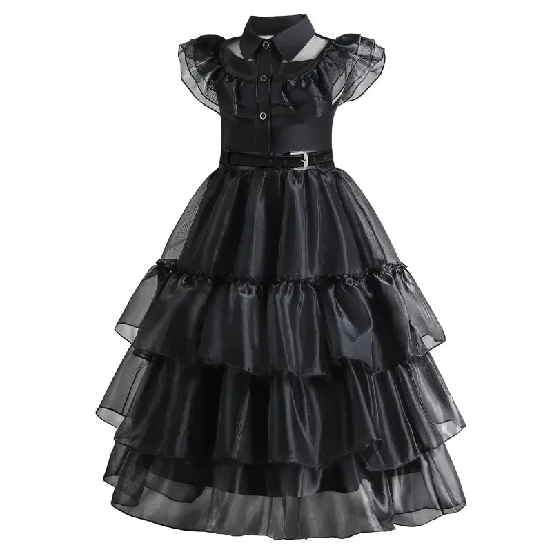 Enchanting Black Layered Princess Dress with Sheer Accents