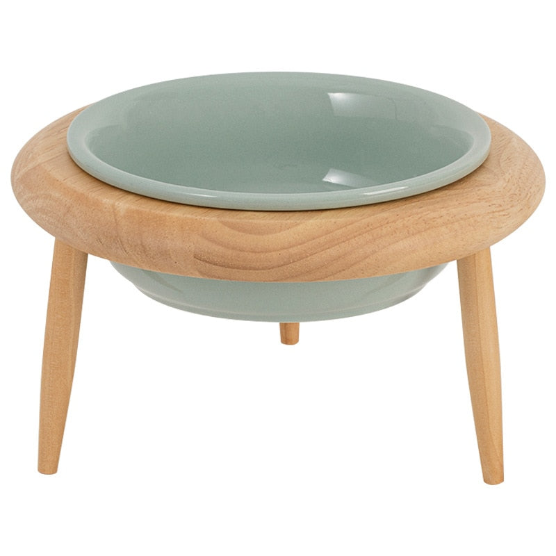 Elevated Ceramic Cat Dish with Customizable Oak Stand