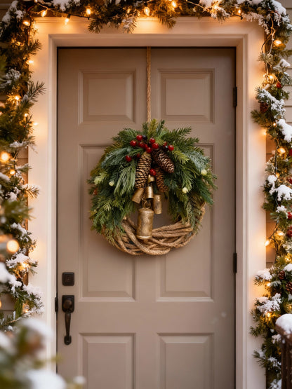 Handcrafted Bohemian Wreath with Pinecones and Bells – 43 cm Seasonal Decor for Indoor/Outdoor
