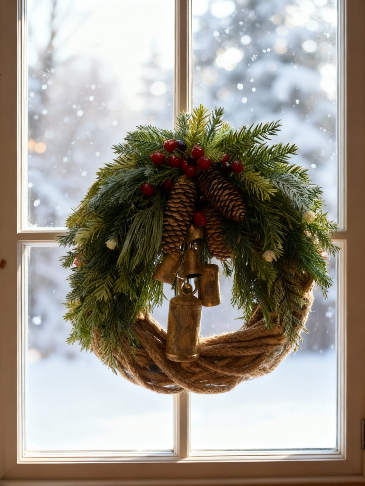 Handcrafted Bohemian Wreath with Pinecones and Bells – 43 cm Seasonal Decor for Indoor/Outdoor