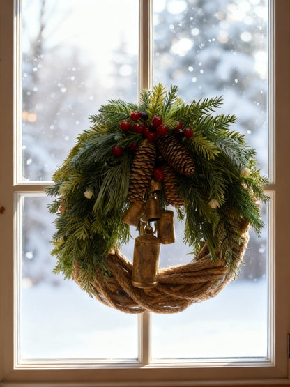 Handcrafted Bohemian Wreath with Pinecones and Bells – 43 cm Seasonal Decor for Indoor/Outdoor