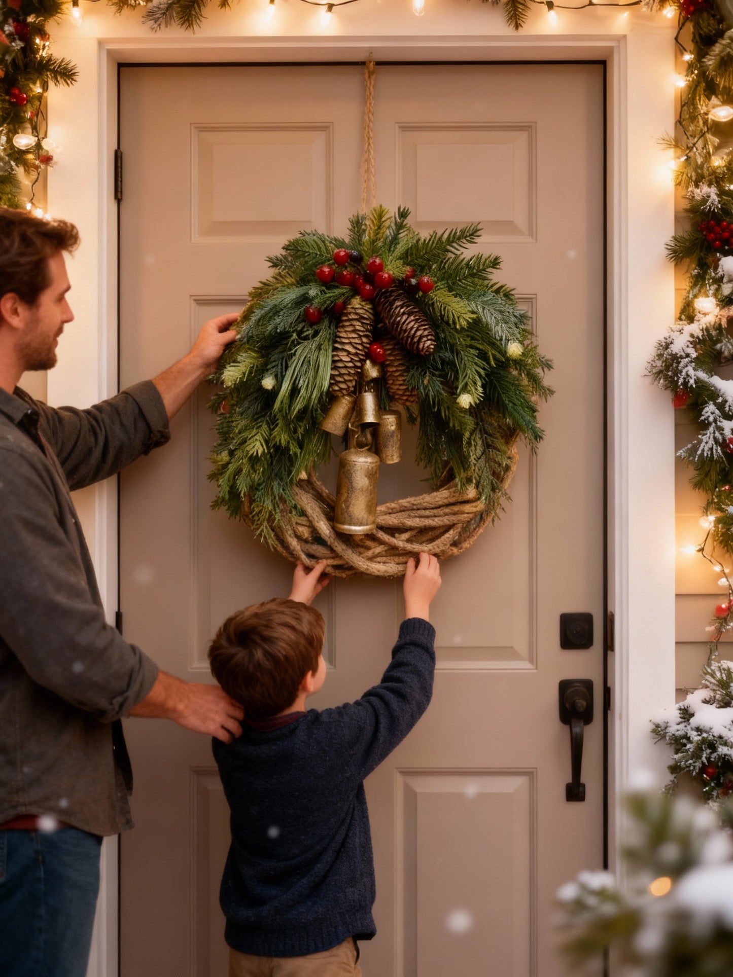 Handcrafted Bohemian Wreath with Pinecones and Bells – 43 cm Seasonal Decor for Indoor/Outdoor