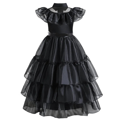 Enchanting Black Layered Princess Dress with Sheer Accents
