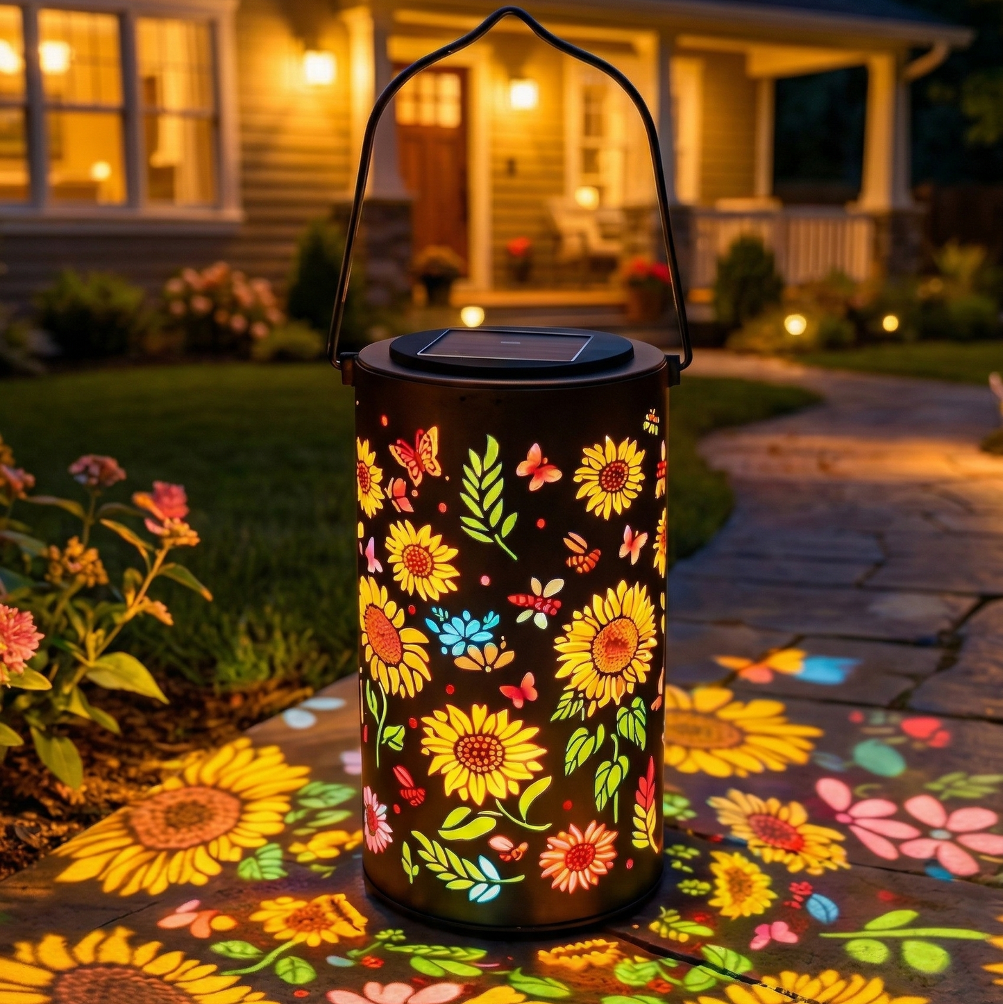Colorful Solar Lantern with Sunflower Design and Projected Patterns for Garden Atmosphere