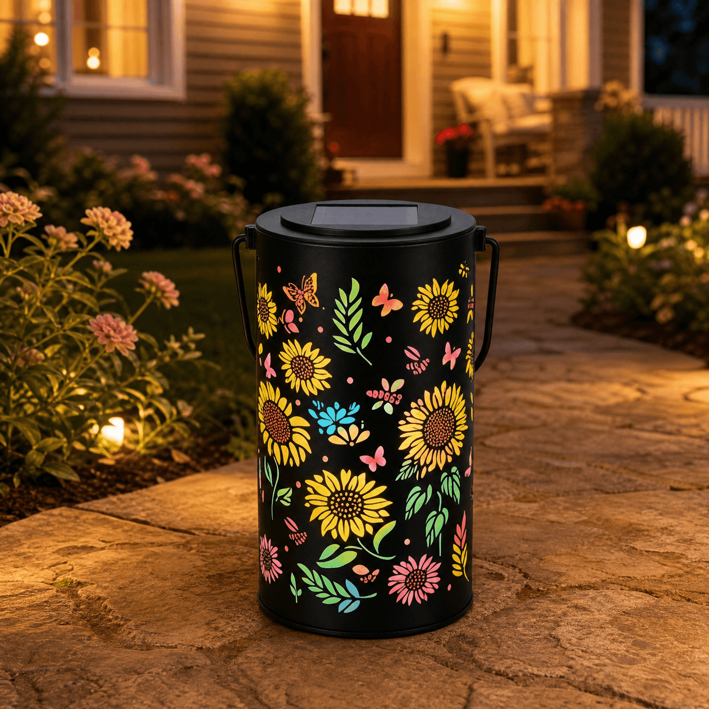 Colorful Solar Lantern with Sunflower Design and Projected Patterns for Garden Atmosphere