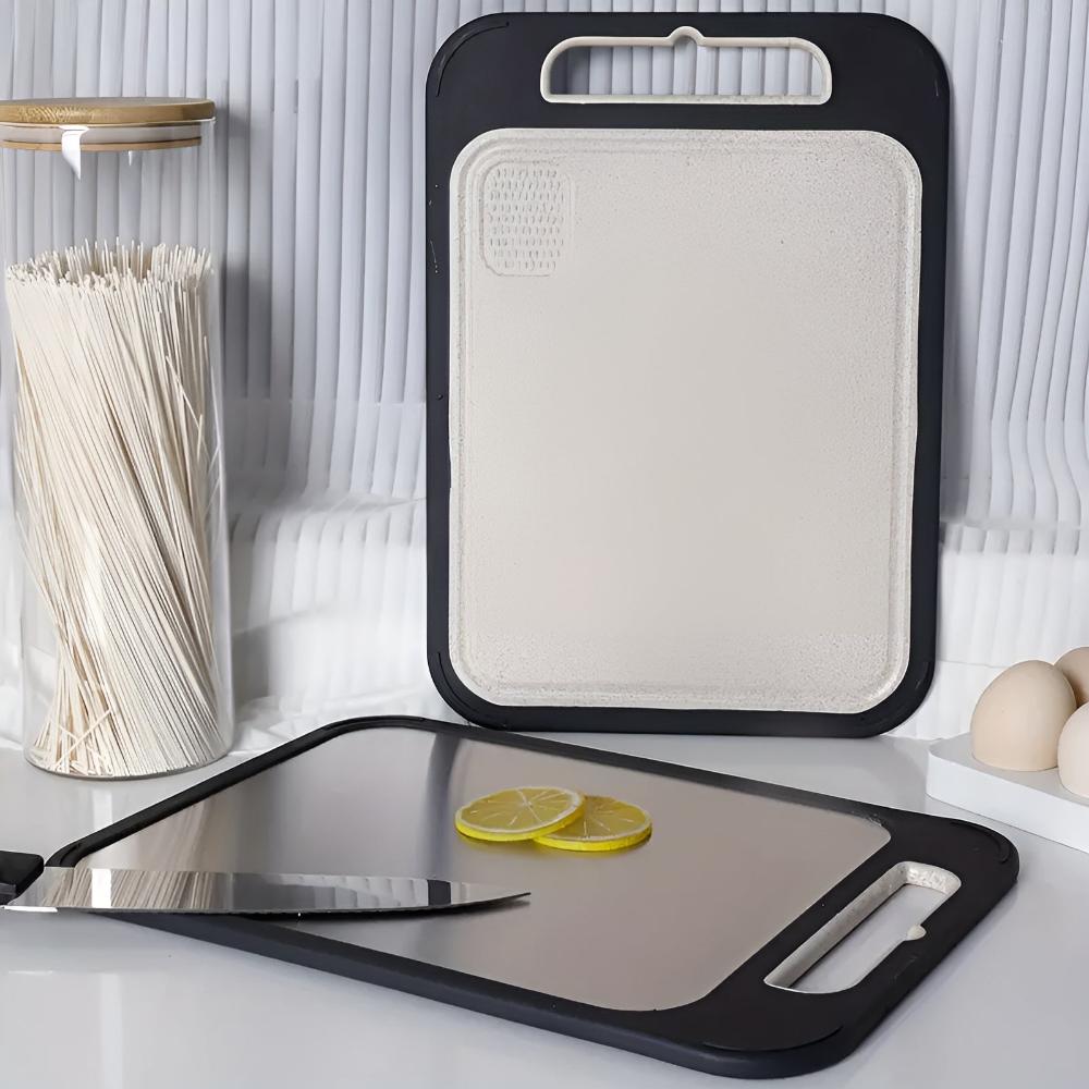 Dual-Sided Stainless Steel Chopping Board with Built-In Garlic Crusher