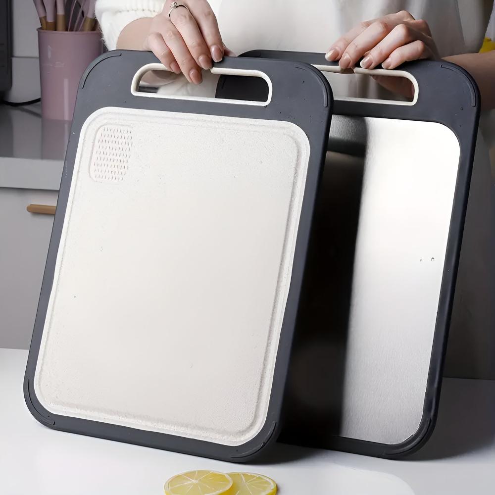Dual-Sided Stainless Steel Chopping Board with Built-In Garlic Crusher
