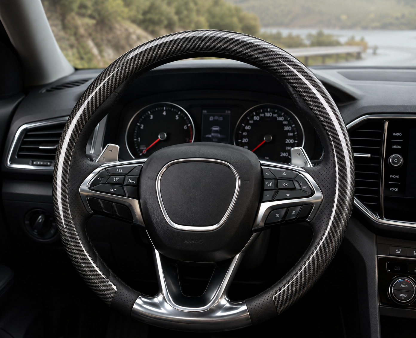 Thin Non-Slip Black Carbon Fiber Steering Wheel Cover for Vehicles