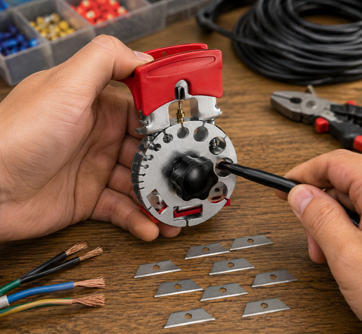 Handheld Wire Stripper Tool with 10 Extra Blades - Adjustable Copper Cable Recycling for 24-0 AWG