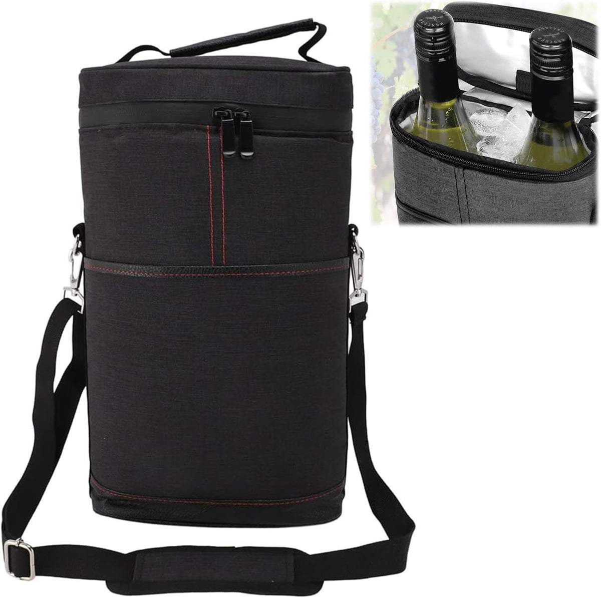 Insulated Wine Carrier for 2 Bottles – Adjustable Strap Tote Bag