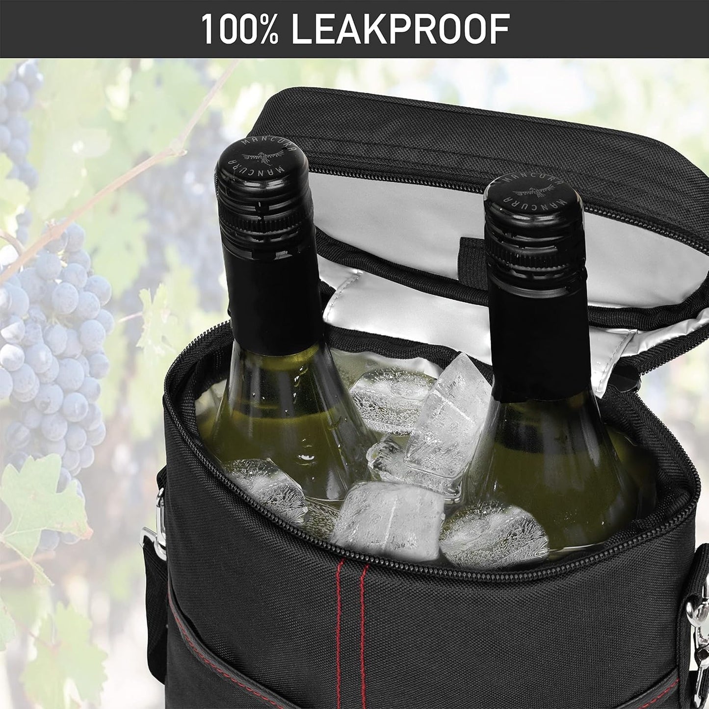 Insulated Wine Carrier for 2 Bottles – Adjustable Strap Tote Bag