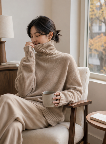 Organic Merino Wool Loose Fit Turtleneck Sweater for Women in Brown, Gray, Beige