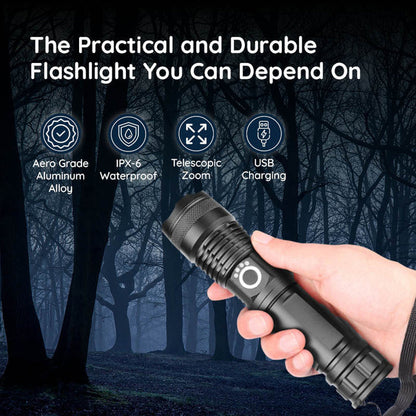 Rechargeable LED Flashlight with Telescopic Zoom, 5 Modes, IPX-6 Waterproof