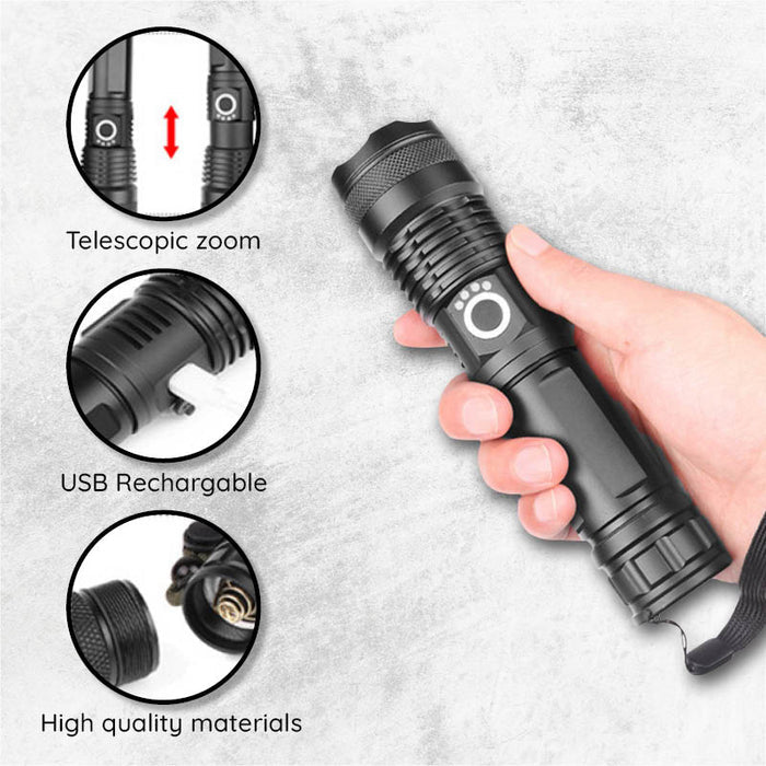 Rechargeable LED Flashlight with Telescopic Zoom, 5 Modes, IPX-6 Waterproof