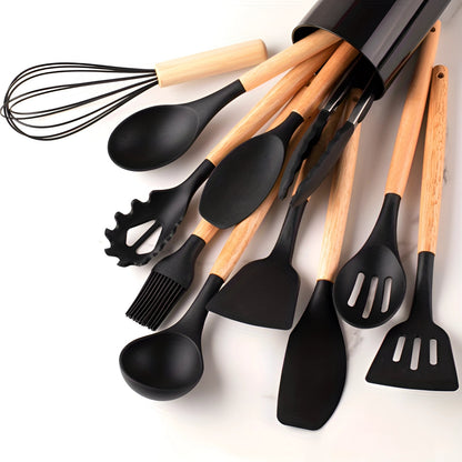 Premium Silicone Cooking Utensil Set with Bamboo Grip - 12 Pieces