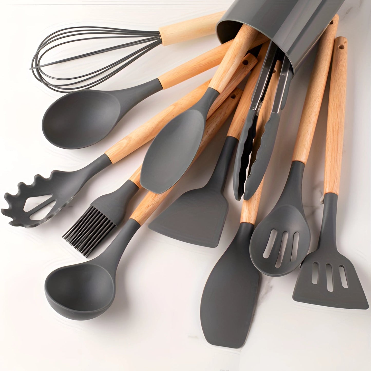 Premium Silicone Cooking Utensil Set with Bamboo Grip - 12 Pieces