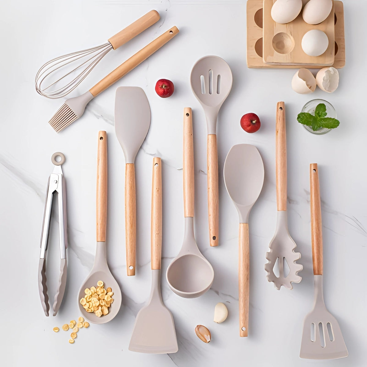 Premium Silicone Cooking Utensil Set with Bamboo Grip - 12 Pieces