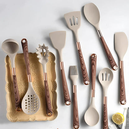 Essential 10-Piece Silicone Kitchen Tool Set with Wooden Grip