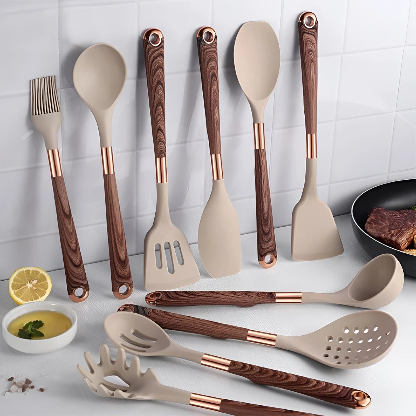 Essential 10-Piece Silicone Kitchen Tool Set with Wooden Grip