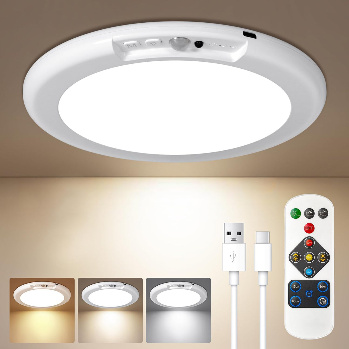 Wireless Motion-Activated Ceiling Light with Remote and Color Options