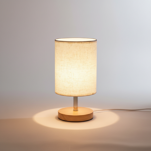 Wooden Base Table Lamp with Linen Shade – Serene Bedside Illumination