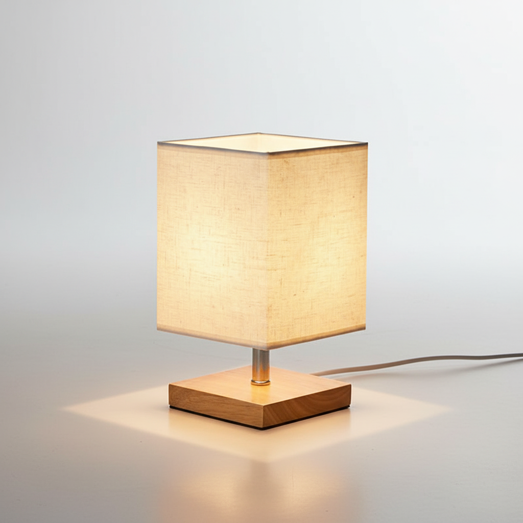 Wooden Base Table Lamp with Linen Shade – Serene Bedside Illumination