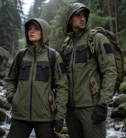 Windproof Outdoor Jacket for Him and Her, Multi Pocket Tactical Coat in Green, Black, and Gray