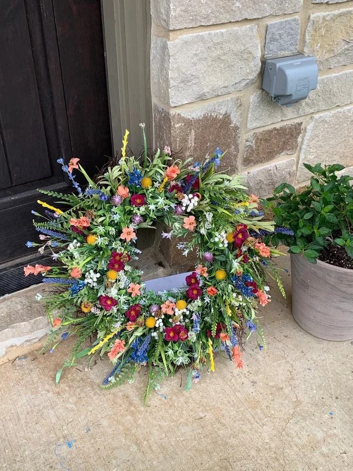 Vibrant Silk Flower Spring Wreath - Decorative Wildflower Door Accent
