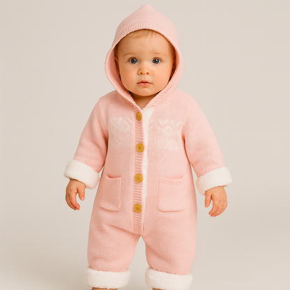 Baby Hooded Suit in Pink Knit Fabric