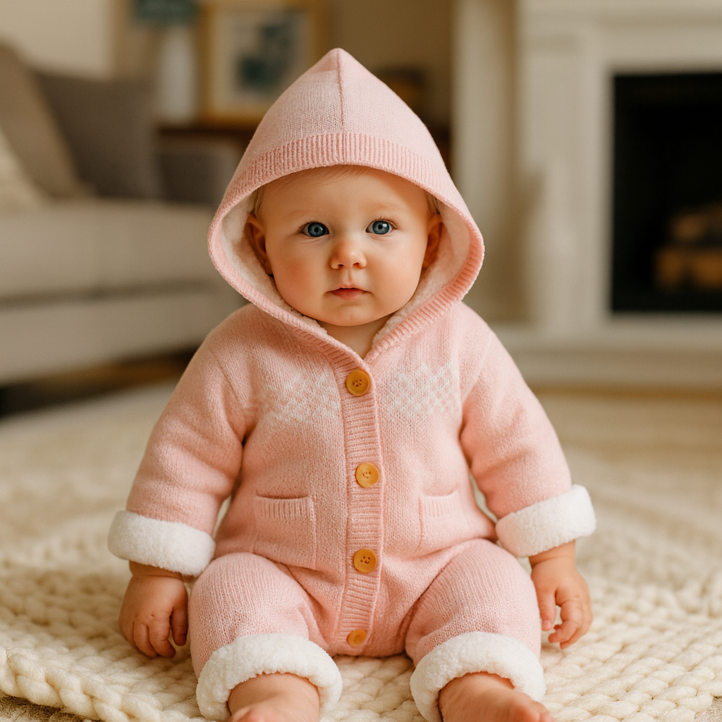 Baby Hooded Suit in Pink Knit Fabric