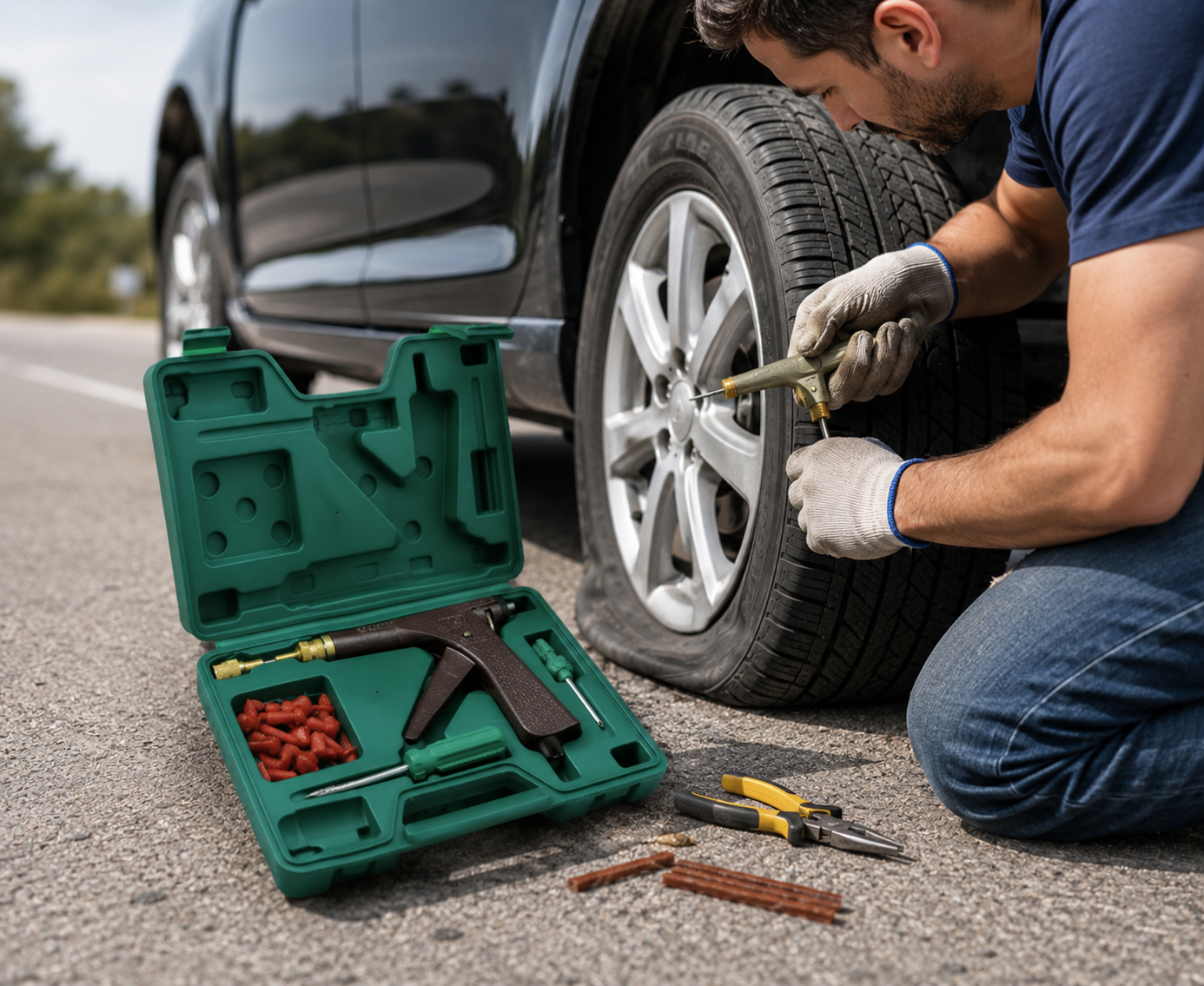 Tubeless Tire Repair Kit with Automatic Mushroom Plug Tool for Vehicles