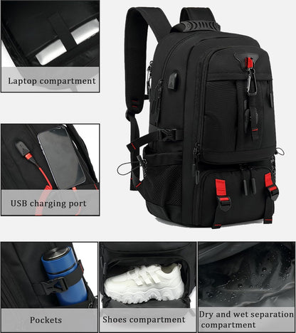 60L Waterproof Laptop Travel Backpack with USB Port and Shoe Holder