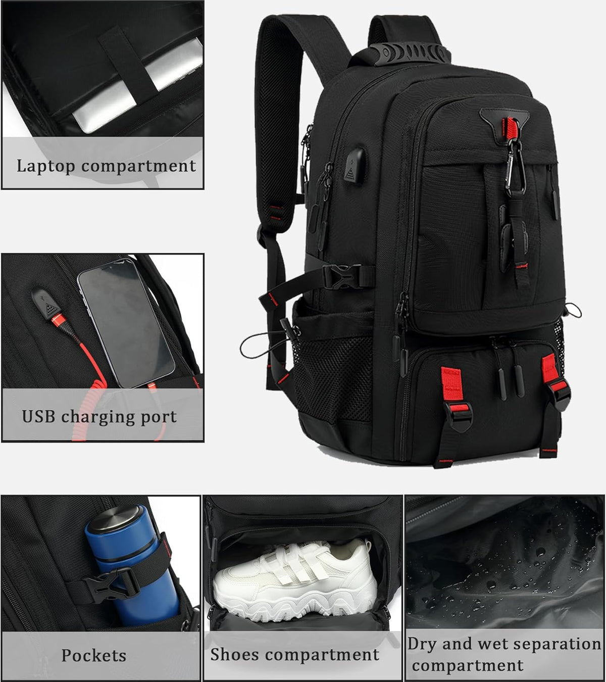 Waterproof 60L Backpack for Travel with USB Port & Shoe Storage
