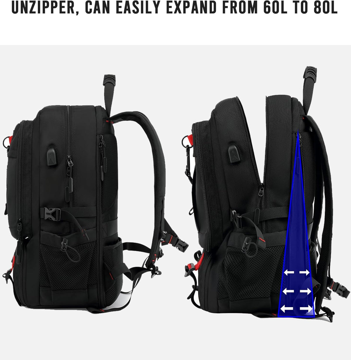 Waterproof 60L Backpack for Travel with USB Port & Shoe Storage