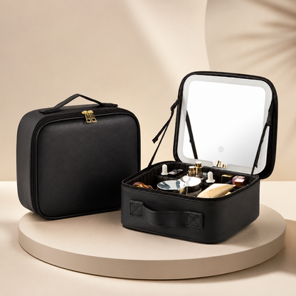 LED Mirror Makeup Organizer Case with Adjustable Storage for Travel