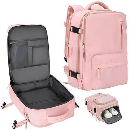 Waterproof 35L Travel Backpack for Women with USB Charging and Shoe Compartment