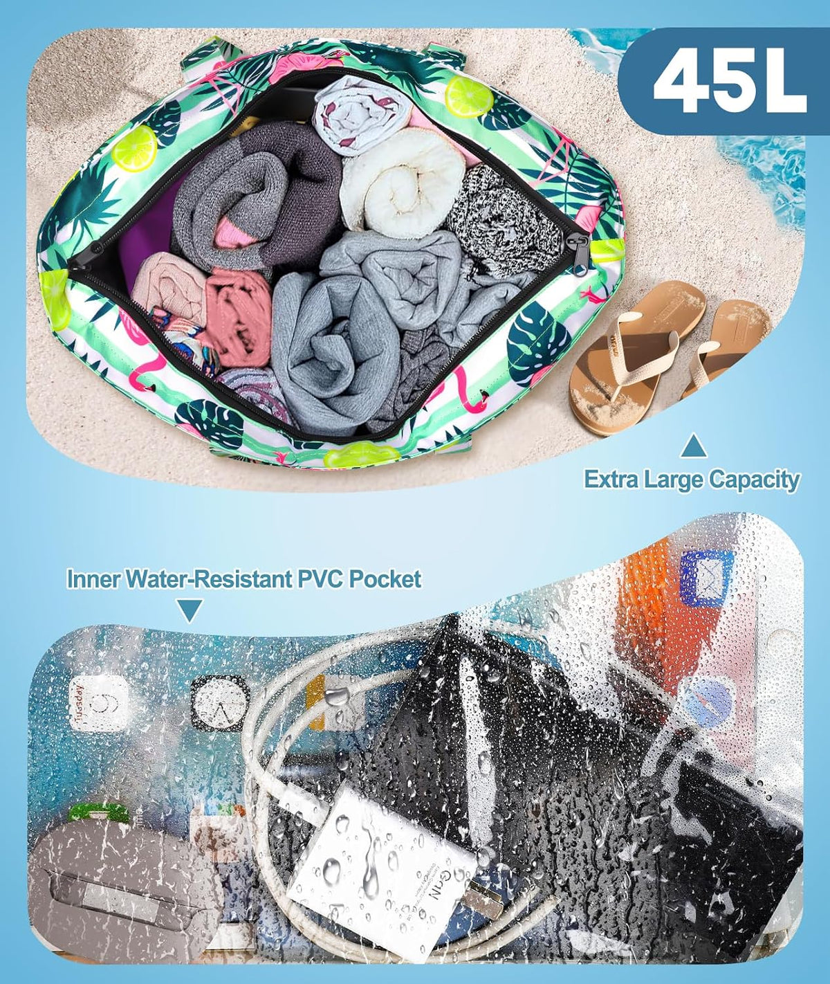 Extra Large Waterproof Beach Bag with Wet Pocket for Outdoor Activities