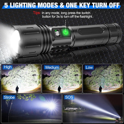 Tactical Flashlight with 100,000 Lumens & USB-C Charging – Power Bank for Outdoors