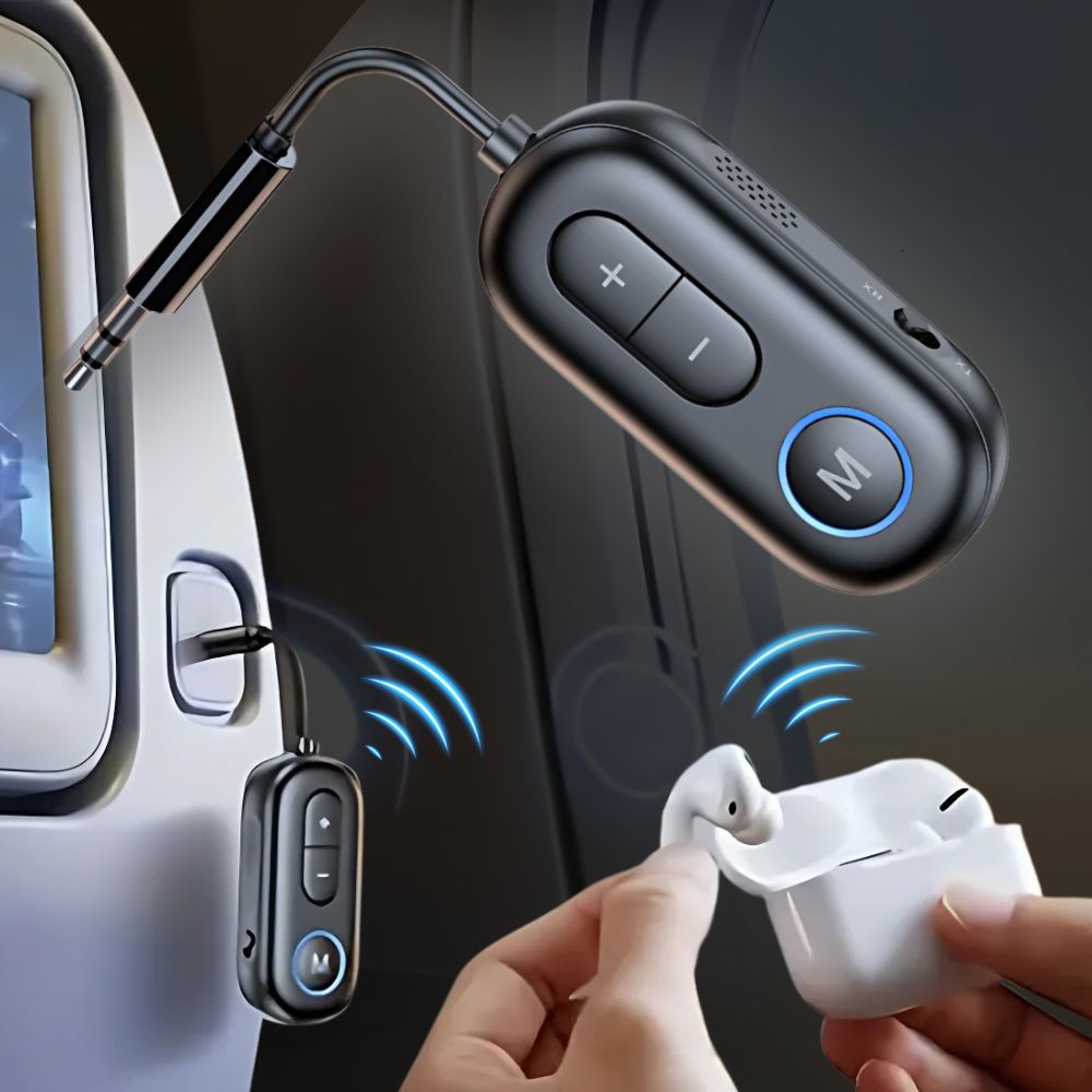 Bluetooth 5.4 Audio Adapter – Transmitter and Receiver for Headphones with Built-in Microphone and 3.5mm AUX for Airplane