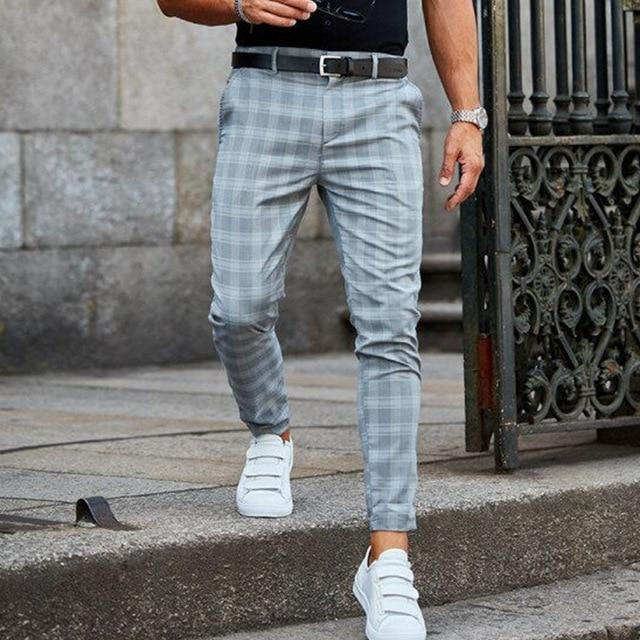Men's Casual Checked Trousers - Vintage Checkered Pants with Pockets, Blue Gray Brown Black