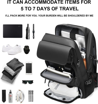 50L Waterproof Backpack for Travel with USB Charging Port and Shoe Storage