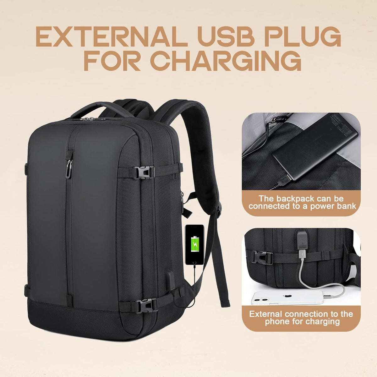 Expandable 40L Waterproof Travel Backpack with USB Port and 17" Laptop Compartment