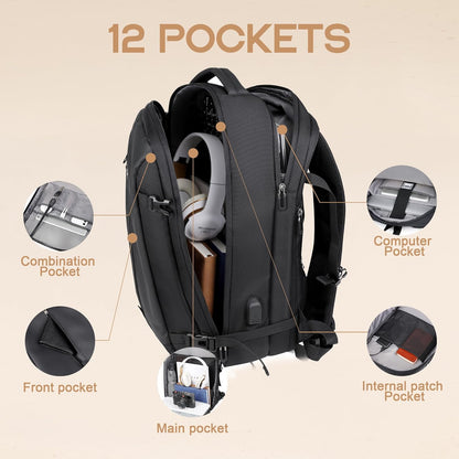 Expandable 40L Waterproof Travel Backpack with USB Port and 17" Laptop Compartment