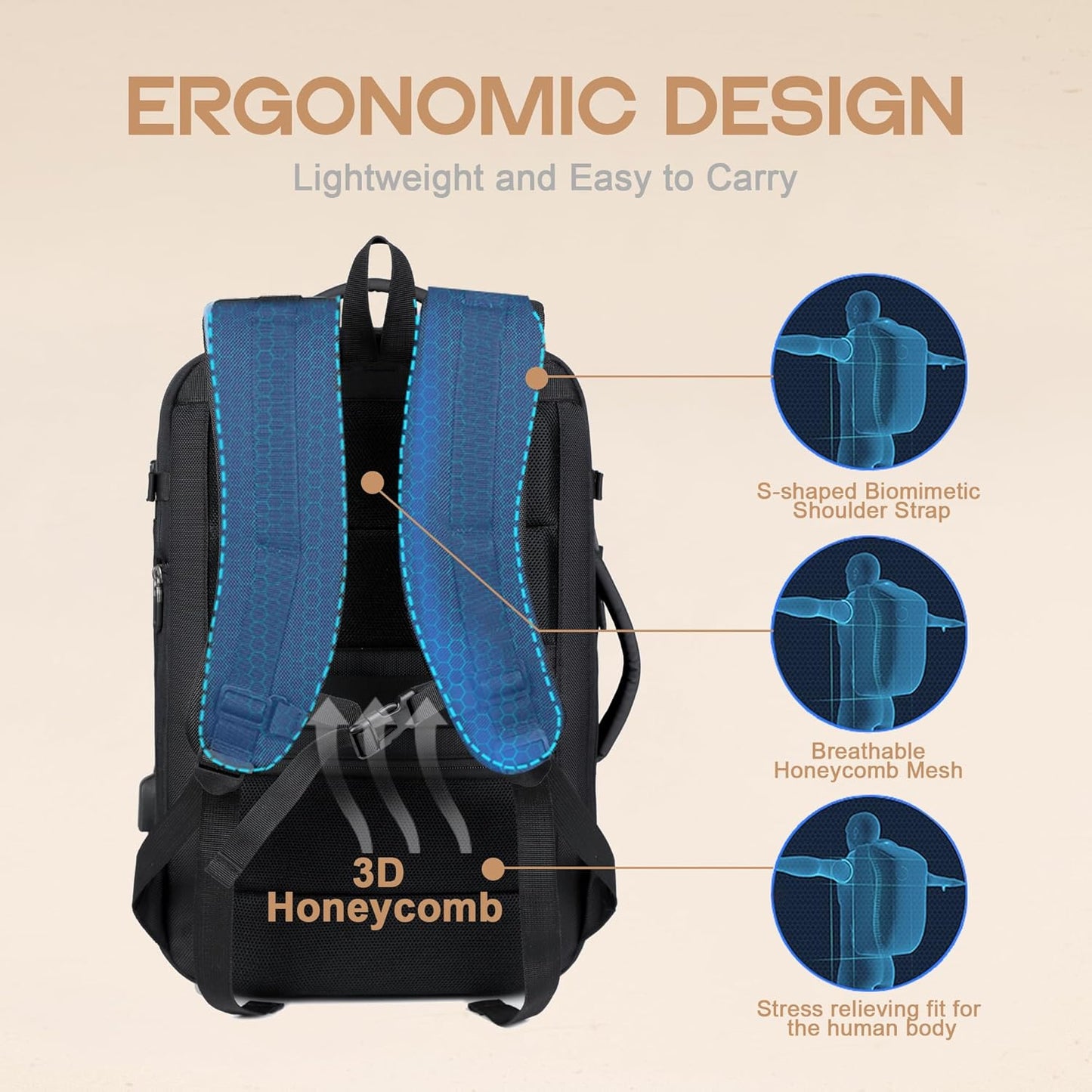 Expandable 40L Waterproof Travel Backpack with USB Port and 17" Laptop Compartment