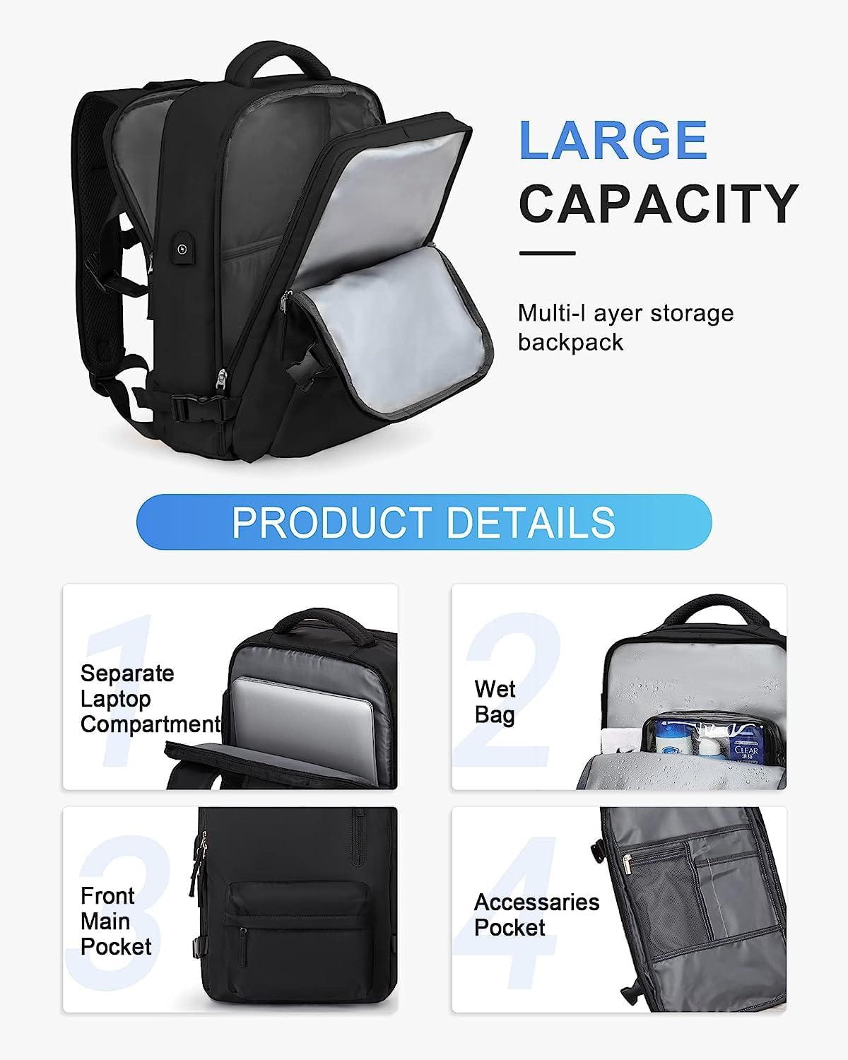 Waterproof Travel Backpack with Shoe Storage & USB Charging Port